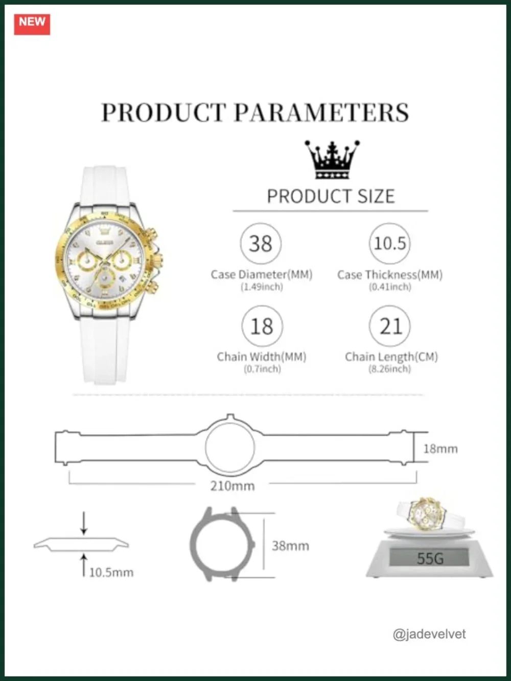 Women's Silicone Strap Chronograph Watch Quartz Luminous Calendar 38mm